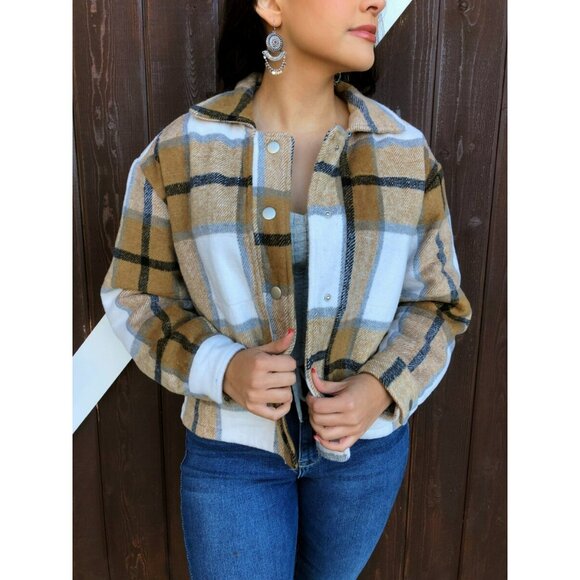 Blue B Plaid Oversized Shirt Jacket Womens S Beige & White Polyester/Cotton Blen - Picture 7 of 8